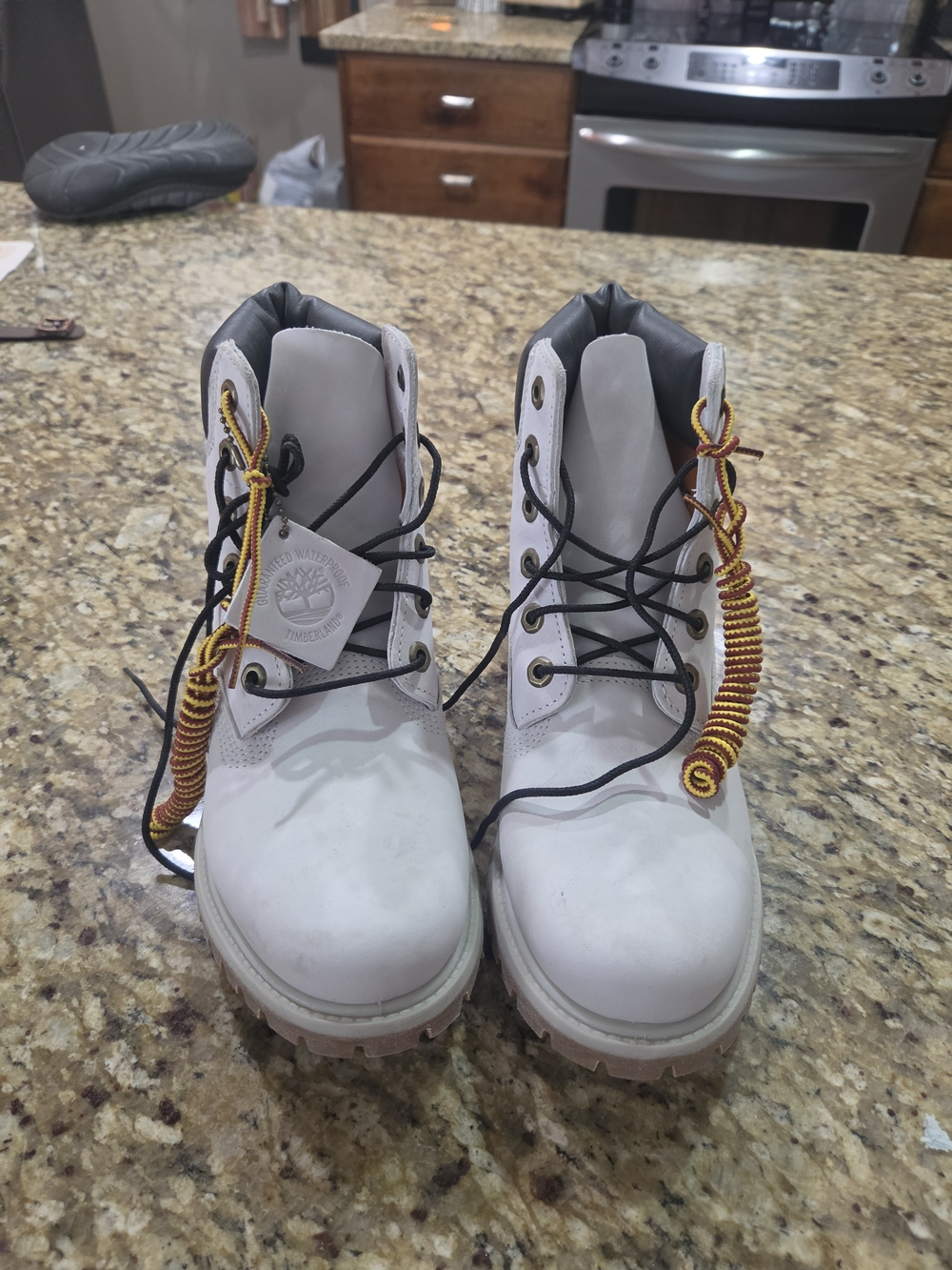 White Timberland Lug Sole Boots with Contrast Laces